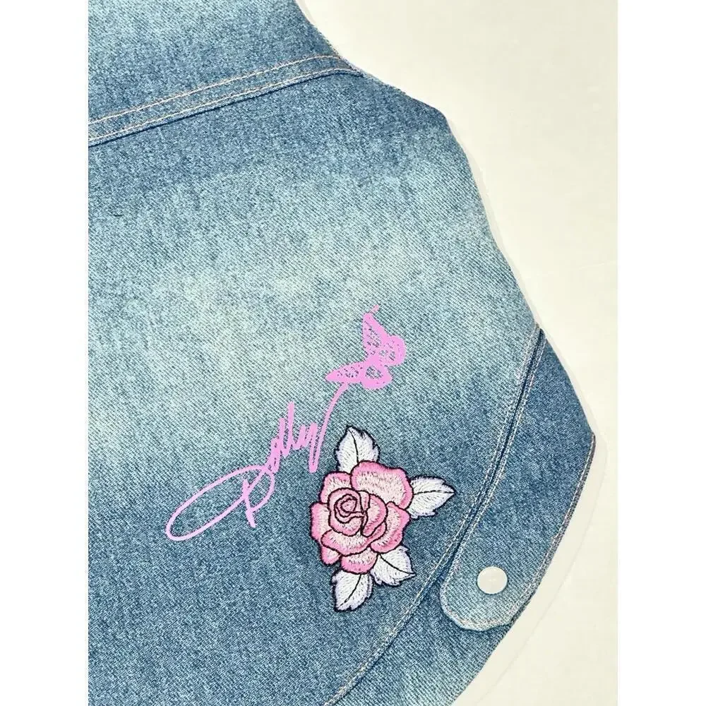 NEW Doggy Parton Dog Apparel Jean Collared Shirt Blue with Rose Embroider Medium